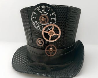 Steampunk black textured tophat with clock face and cogs 58cm