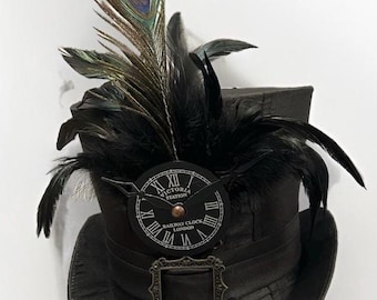 Top Hat Steampunk Gothic Victorian  Black Tafeta TopHat with clock face , feathers and  trail  60 cm