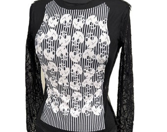 Halloween  Gothic skulls  black mesh   Stretch  top with cobweb sleeve  S