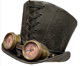Sombrero de copa steampunk negro con relieve y gafas artesanales de 60 cm