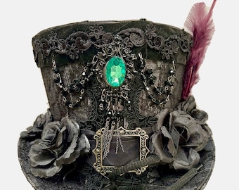 Steampunk gothic gunmetal grey/ black lace  tophat  with black rose detail whitby hats  57/ 58cm