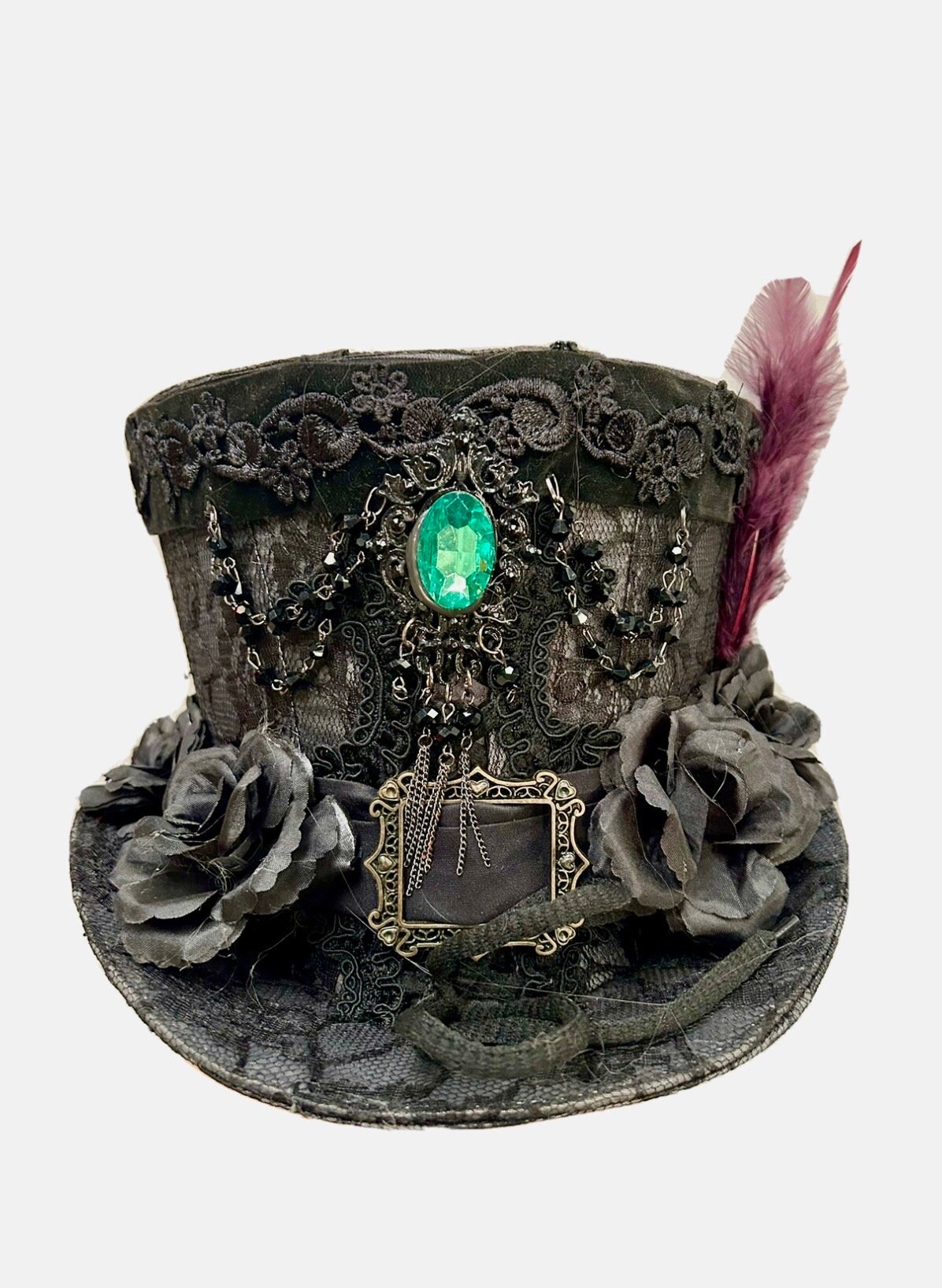 Steampunk Gothic Gunmetal Grey/ Black Lace Tophat With Black Rose