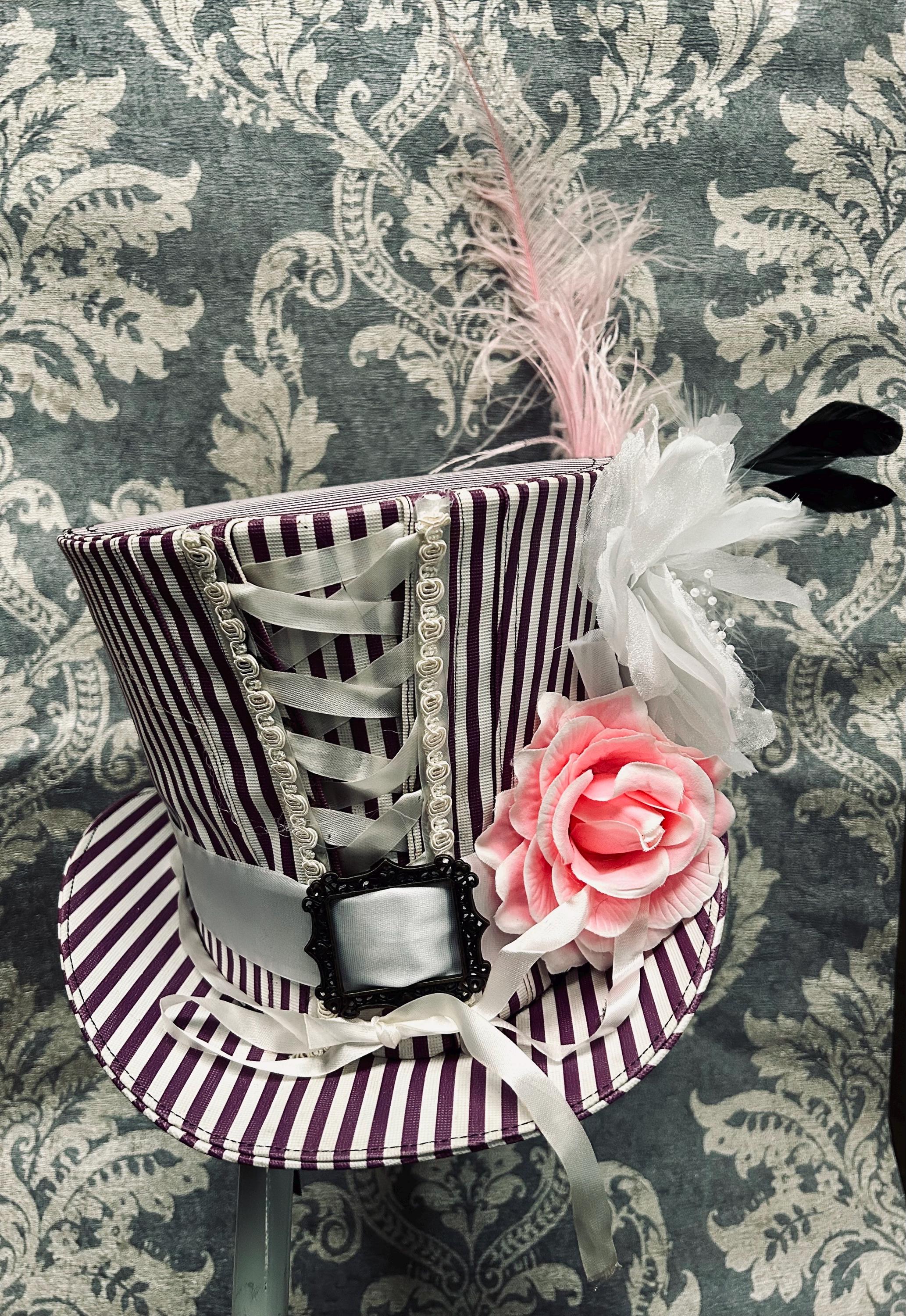 Top Hat Steampunk Pinstripe Tea Party Top Hat With Flowers and Feathers Size 59cm Etsy UK
