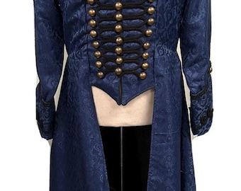 Chaqueta steampunk, chaqueta gótica, chaqueta larga, chaqueta brocada azul marino, talla M