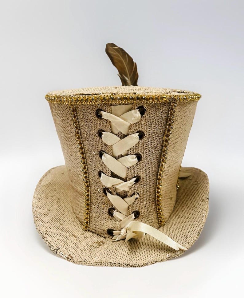 May include: A tan top hat with a wide brim, decorated with gold trim and sequins. The back has corset-style lacing with cream ribbons. A single brown feather is on top. The hat is likely for costume or theatrical use.