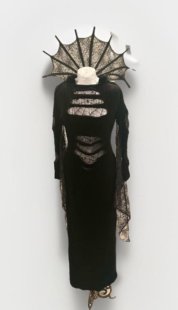 Gothic Black Velvet Dress with Cobweb Mesh Slits (Size SM)