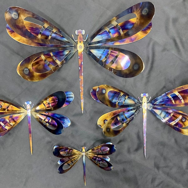 Set of 4 Torched-Colored Metal Dragonflies ***MADE IN USA*** Interior and Exterior Yard Art