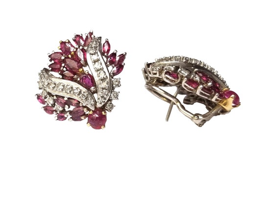 Vintage Mid Century Ruby And Diamond Cluster Earrings In 14k Etsy