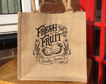 Embroidered in Black Fresh Fruit Tote or Lunch Bag Medium Made from Sustainable Eco Friendly Jute
