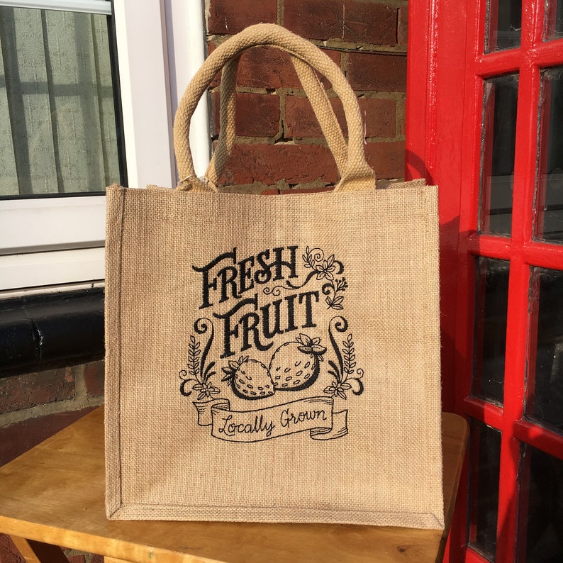Embroidered in Black Fresh Fruit Tote or Lunch Bag Medium Made from Sustainable Eco Friendly Jute