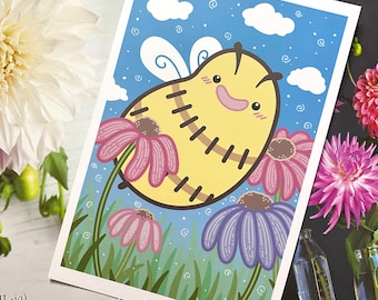Bee & Echinacea Flower Art Print