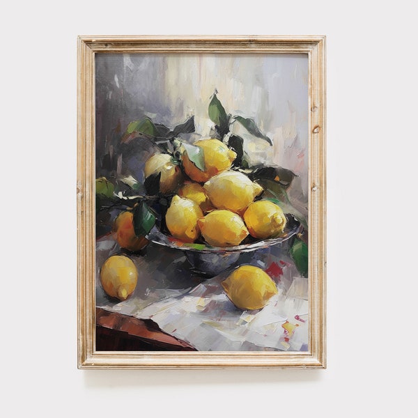 Still Life Oil Painting, Lemon Print for Kitchen with Cottagecore & Farmhouse Decor, Printable Digital Art