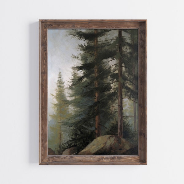 Pine Trees - Vintage Landscape Oil Painting Print - Cottagecore Wall Art Download DIY Printable + FREE iPhone Wallpaper