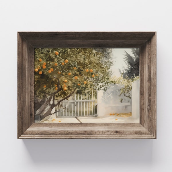Spanish Art Painting Print, Rustic Orange Tree for Cottagecore and Farmhouse Kitchen Decor, Printable Digital Art