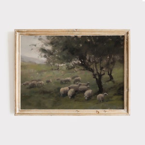 Sheep in the Countryside - Vintage Landscape Oil Painting Print - Cottagecore Wall Art Download DIY Printable + FREE iPhone Wallpaper