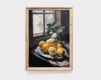 Lemons in the Kitchen - Vintage Fruit Oil Painting Print - Cottagecore Wall Art Download DIY Printable + BONUS FREE iPhone Wallpaper