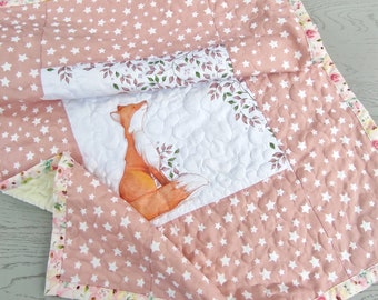 Pink baby quilt handmade Fox Baby Blanket Fox baby quilt Forest animals baby blanket