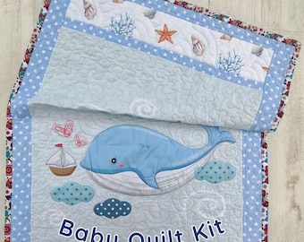 Blue whale baby quilt kit precut Beginner sewing kit Ocean nursery crib blanket