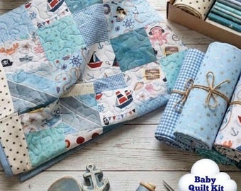 Blue precut baby quilt kit for beginners Ocean baby blanket 5" charm pack