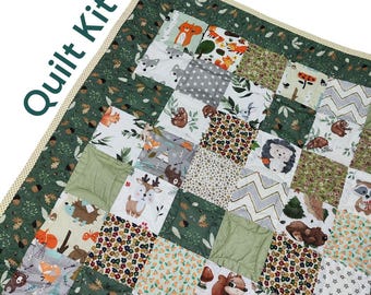 Woodland Baby Quilt Kit, Pre-cut Beginner Project, Personalized Option