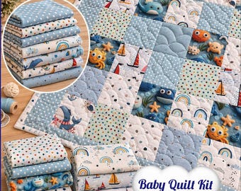 Precut baby quilt kit for beginner Ocean animal nursery Personalized option
