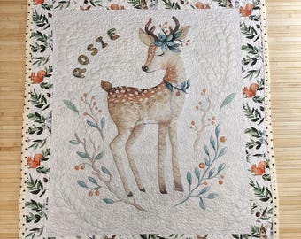 Deer baby quilt handmade Woodland blanket Neutral nursery decor