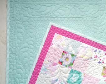 Patchwork baby blanket Nursery crib quilt Modern quilt Pink floral baby blanket