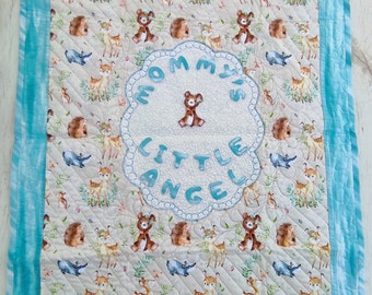 Woodland blanket Blue baby quilt handmade Toddler boy quilt