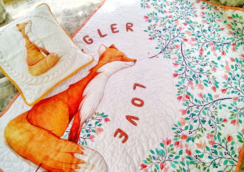 Burnt Orange Baby Quilt Handmade Fox Decorative Pillow