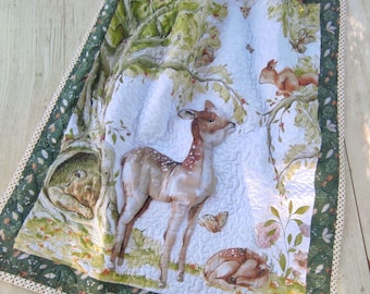 Woodland Handmade Baby Quilt: Forest Animal Nursery Decor Crib Blanket
