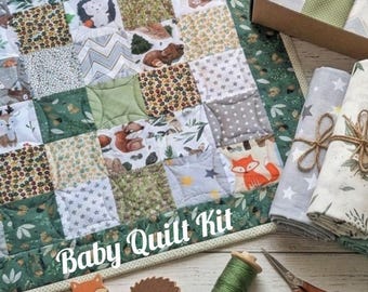 Pre-cut Beginner Project, Woodland Baby Quilt Kit, Animal Nursery Decor