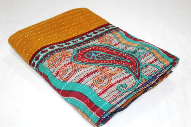 Twin Indian Vintage Reversible Blanket Bohemian Bedspread Throw Handmade Cotton Kantha Quilt VH-539