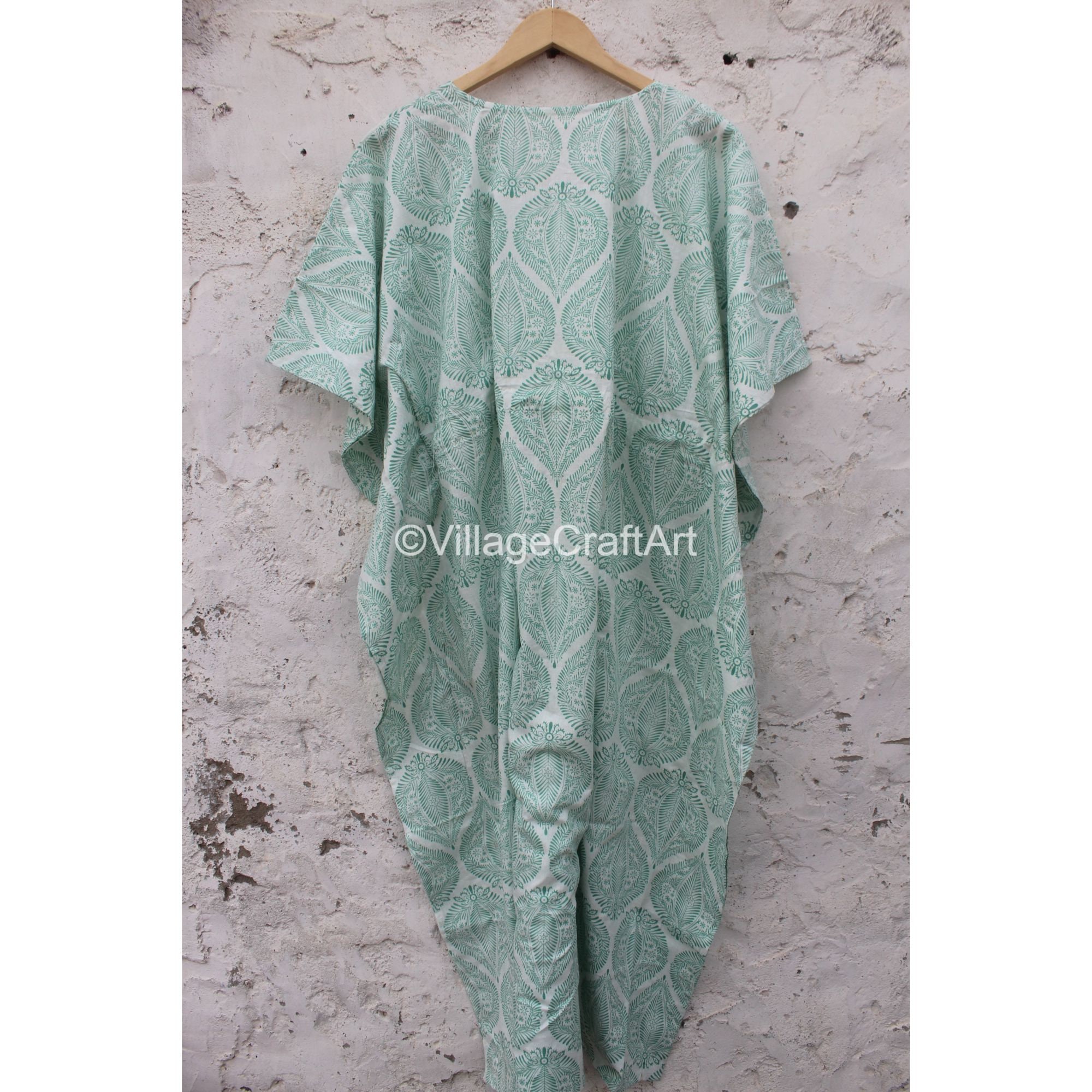 Green - Hand Block Batik Print Cotton Medium Kaftan 55