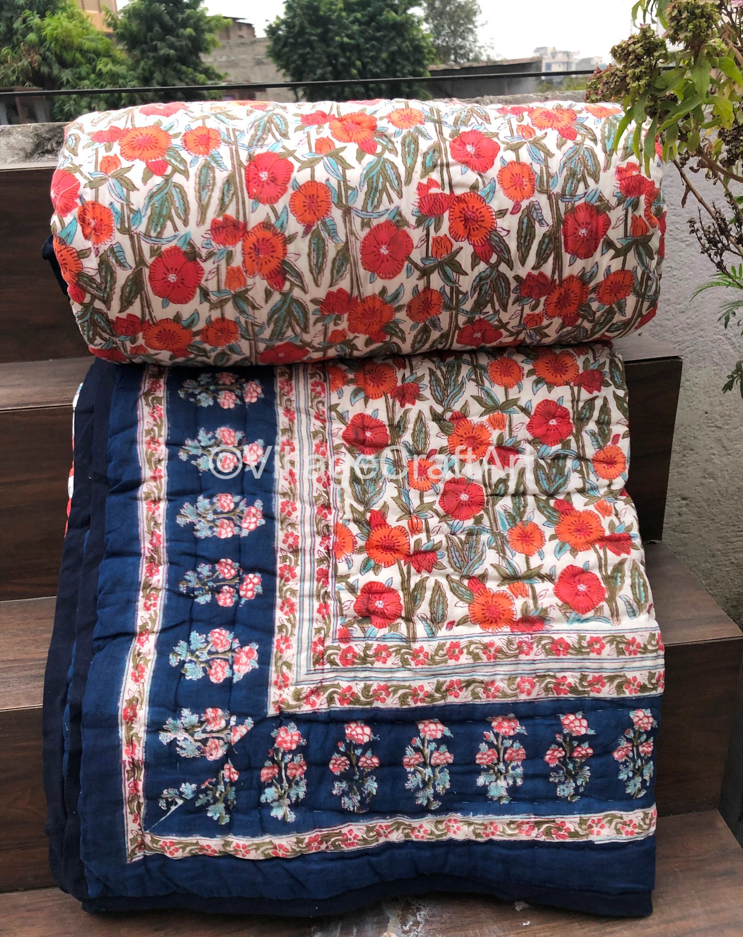 Hand Block Print Cotton Quilt/floral Blanket/reversible Soft Etsy
