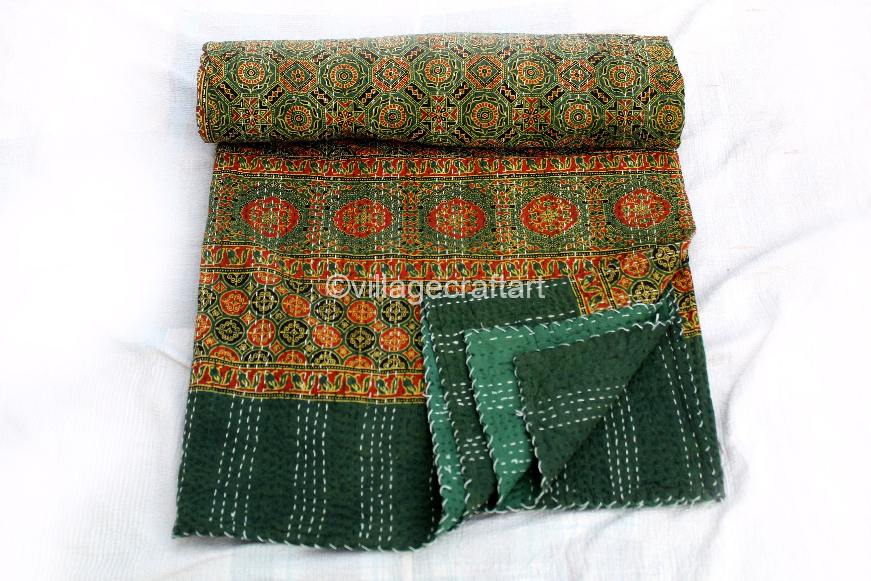 Indian Ajrak Print Handmade Hand Stitched Kantha Quilt Queen Size 90*108 Home & Living Blankets