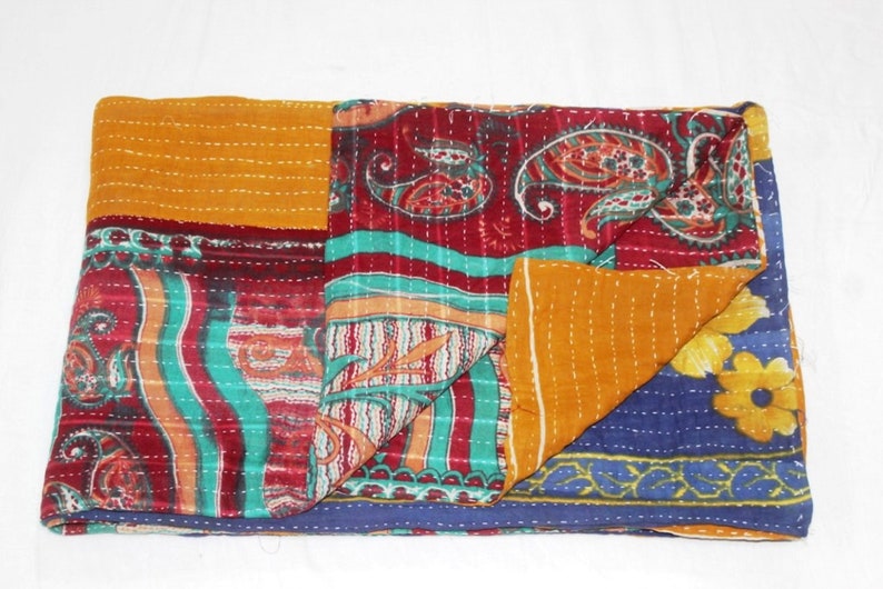 Twin Indian Vintage Reversible Blanket Bohemian Bedspread Throw Handmade Cotton Kantha Quilt VH-539