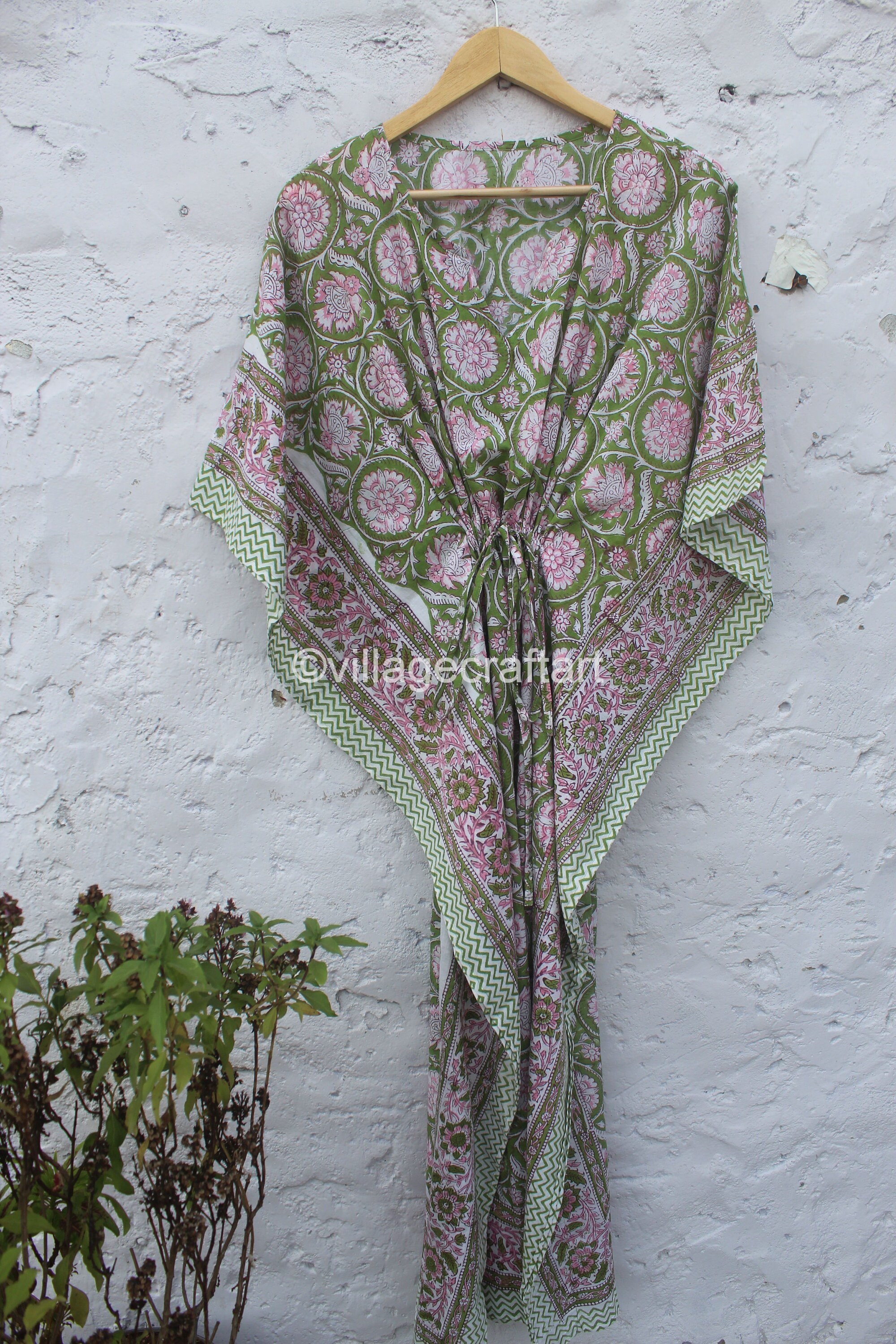 Brown - Pipad Hand Block Printed Cotton Kaftan with Tie-Up Waist (Long) main image 1