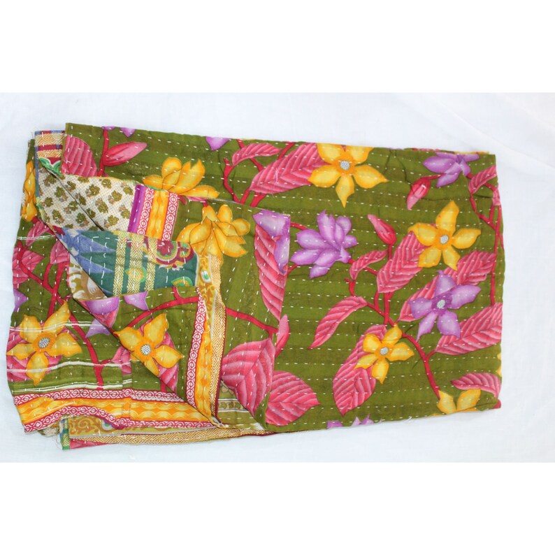 Indian Handmade Vintage Reversible Blanket Twin Kantha Bed Cover Bohemian Bedspread Throw Cotton Kantha Quilt VH-924