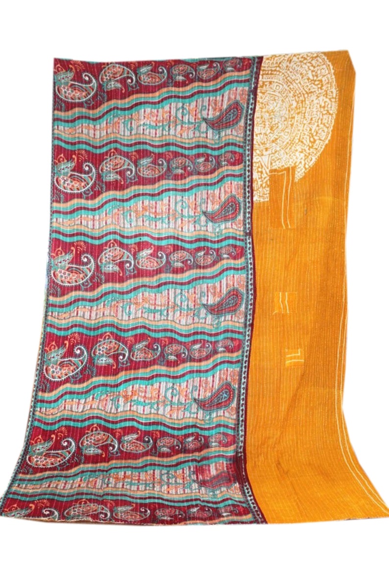 Twin Indian Vintage Reversible Blanket Bohemian Bedspread Throw Handmade Cotton Kantha Quilt VH-539