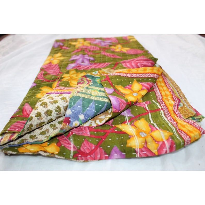Indian Handmade Vintage Reversible Blanket Twin Kantha Bed Cover Bohemian Bedspread Throw Cotton Kantha Quilt VH-924