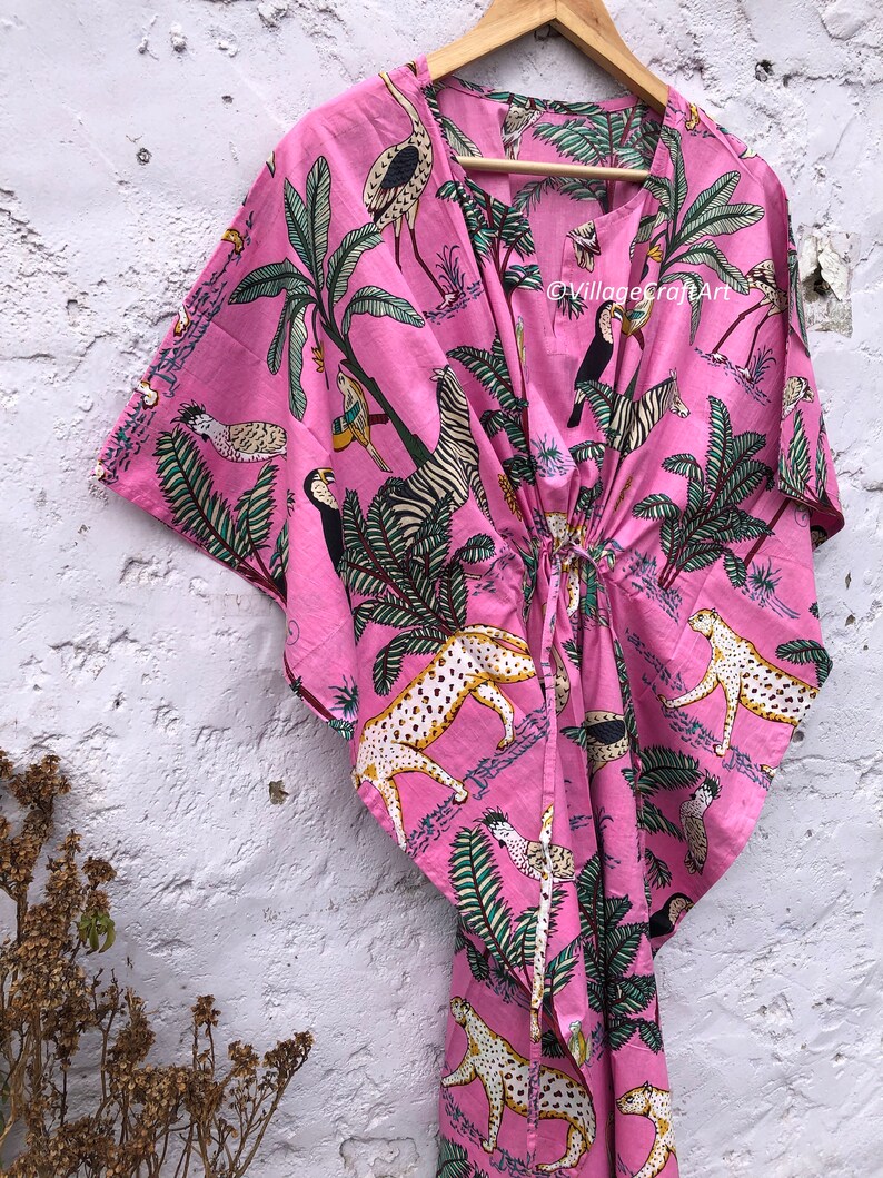 Pink Tiger Print Cotton Kaftan Plus Size Tunic Floral Long Etsy