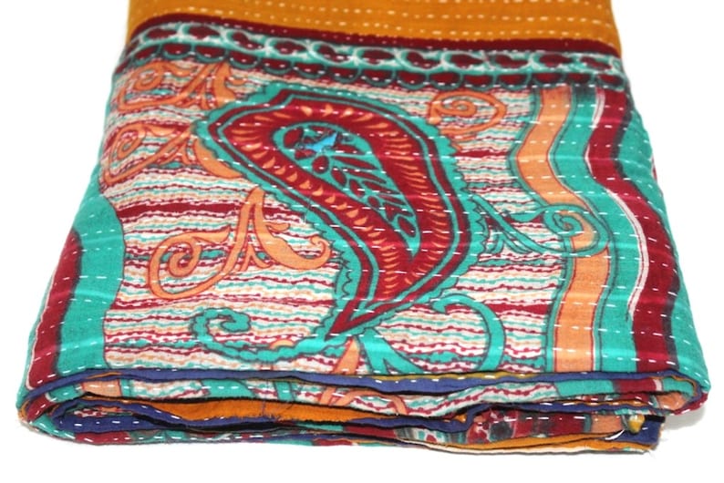 Twin Indian Vintage Reversible Blanket Bohemian Bedspread Throw Handmade Cotton Kantha Quilt VH-539