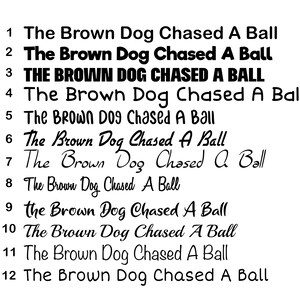 May include: A close-up of a white surface with the phrase "The Brown Dog Chased A Ball" written in black text 12 times, with each line numbered from 1 to 12.