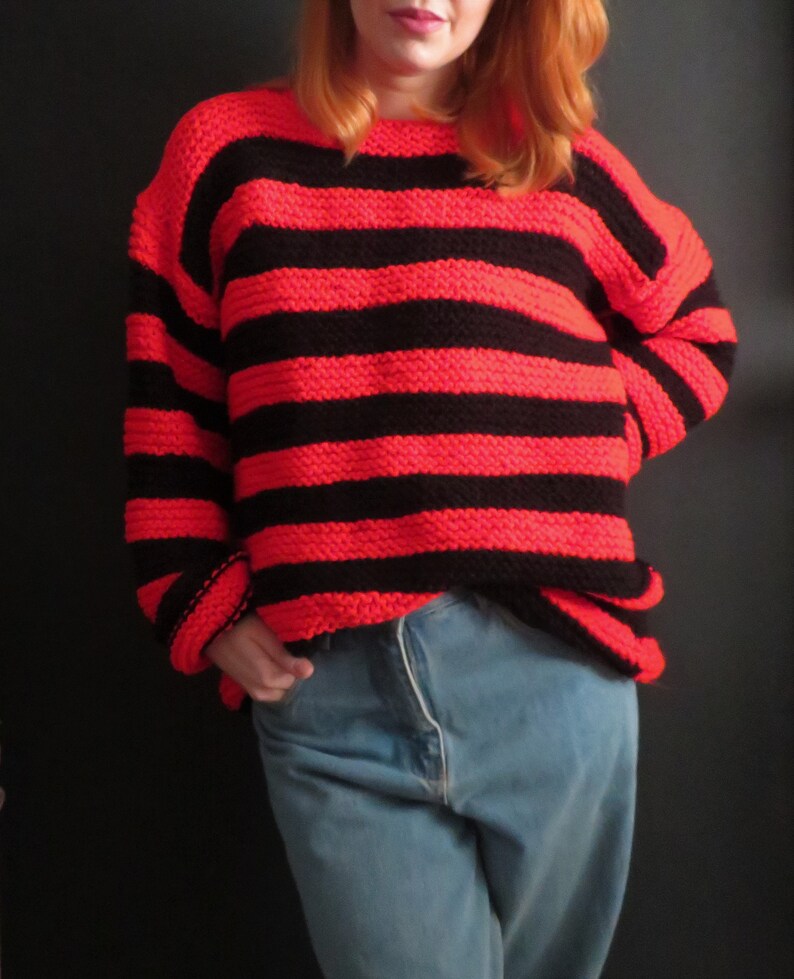 Made To Order Hand Knitted Chunky Red And Black Striped Jumper Etsy