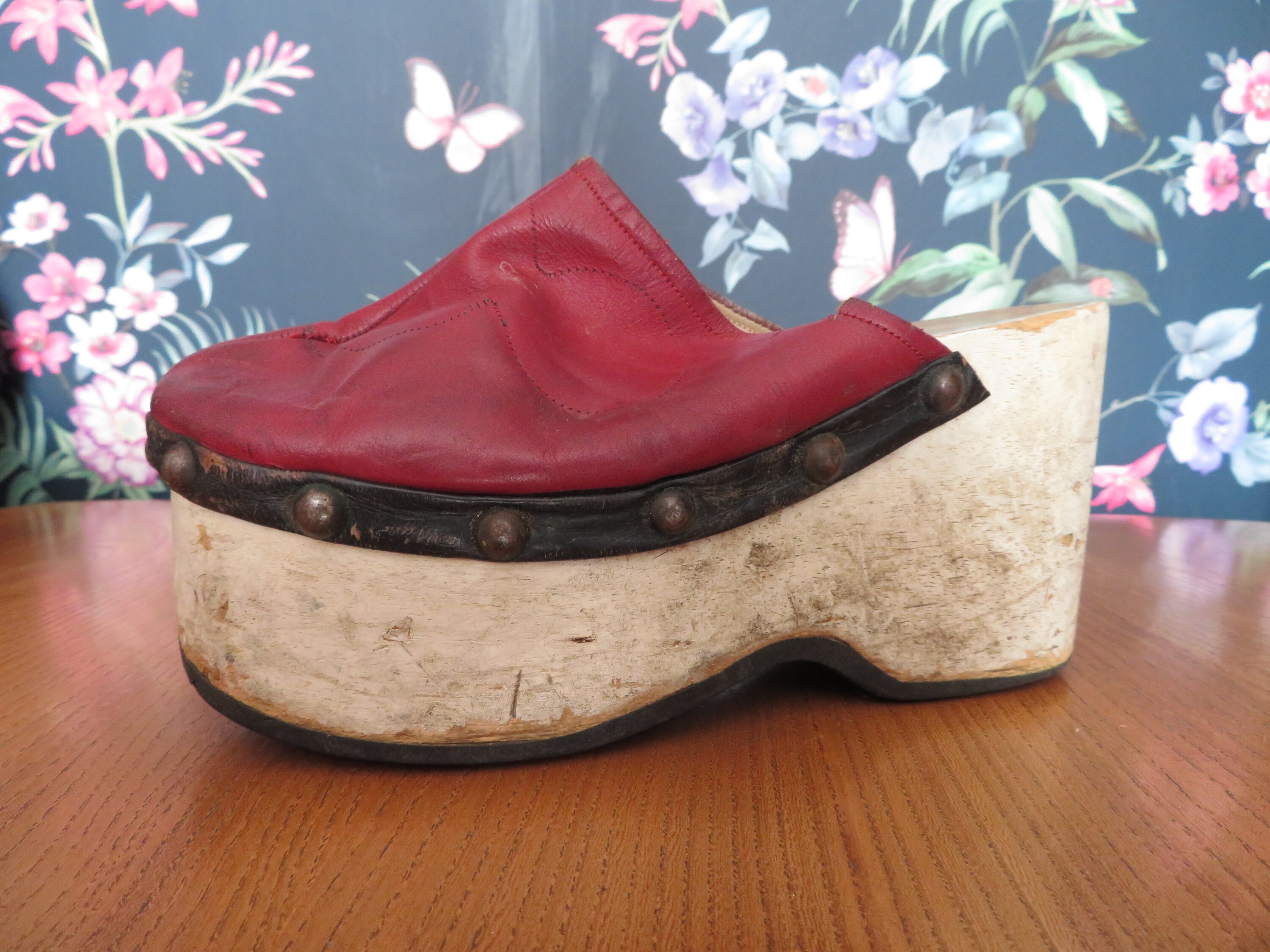 Vintage Rare 1970's Wooden Platform Clog Mules Red Leather Etsy UK