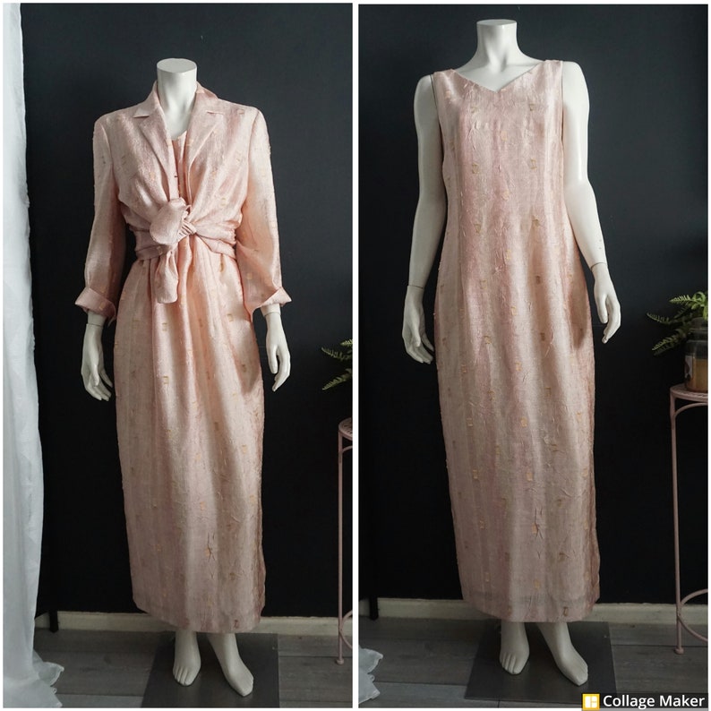 Vintage 1990's Libra Maxi Dress And Jacket Co Ord Pastel Pink Linen Textured Summer 12 