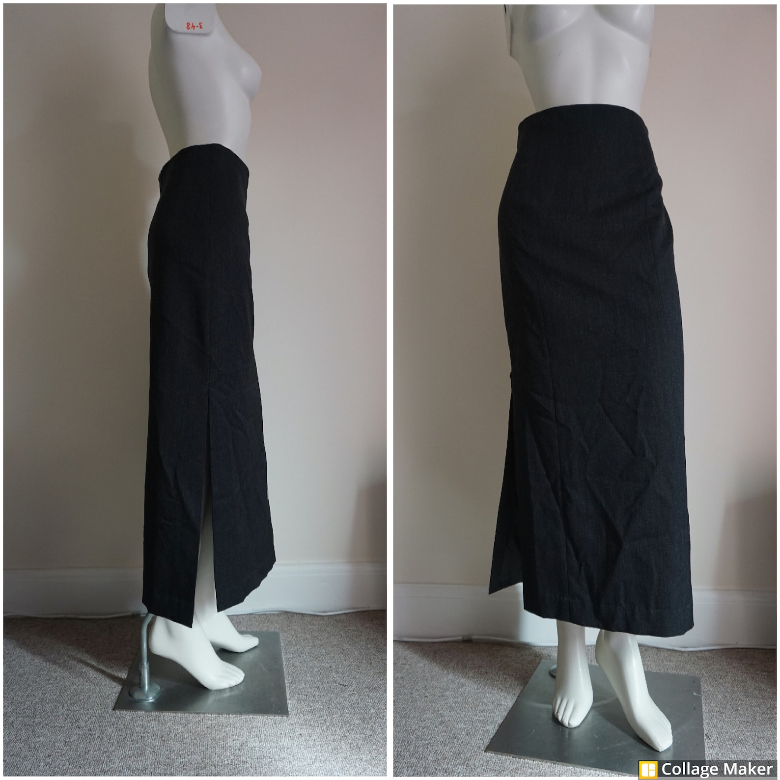 Vintage 90's maxi skirt by Austin Reed in a dark grey suit style fabric. It is straight cut with a side slit at one side. It has a Zip fastening at the back. and is Lined. It is 100% wool.