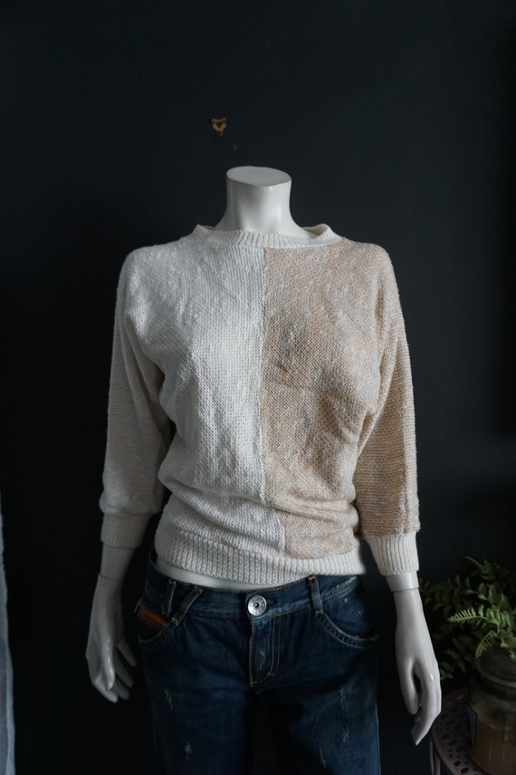 Vintage 1980's Beige Ivory Knit Jumper Batwing Sleeve 8-12