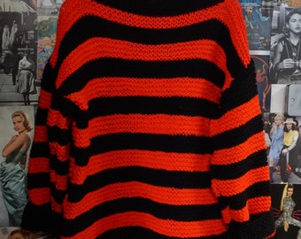 Red & Black Hand Knitted Chunky Long Length Striped Jumper Slouchy Oversized