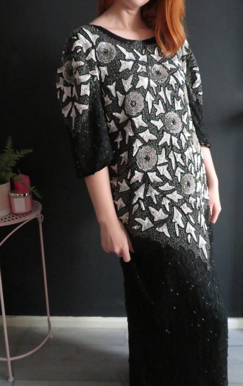 Vintage 1980/'s Beaded Maxi Dress By Carina Silk Beaded Sequined Pearlescent 12